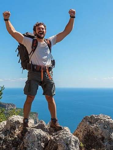 A hiker standing triumphantly at the summit of a mountain, with vast panoramic views in the background